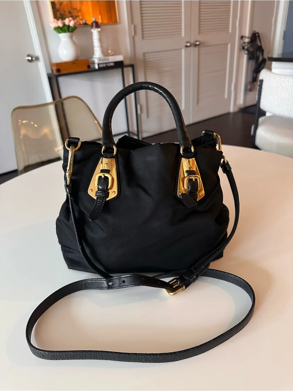 Prada Black Nylon Tessuto Shoulder Bag Satchel Gold Hardware